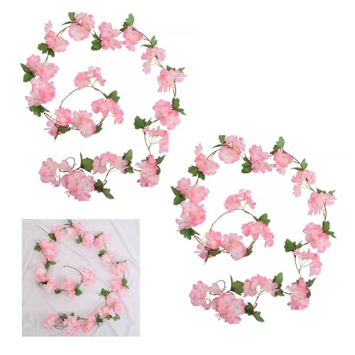 2 Stück Blumengirlande Künstlich,Kunstblumen Blumen Girlande Kirschblüten Deko Kunstblumen Seidenblumen Artificial Flowers,Cherry Blossom Rosa Fahrrad Blumenkette Frühlingsgirlande für Hängend Outdoor von BIBITI