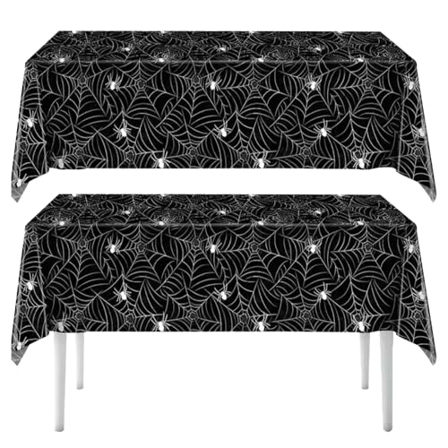 2Stück Halloween Tischdecke,Spinnennetz Tischdecke Schwarz Table Cloth Deko Party Tischdeko Einweg Tischdecken Schwarze Tischdekoration Plastik Einwegtischdecke,für Halloweenparty Tischtuch(137*274cm) von BIBITI