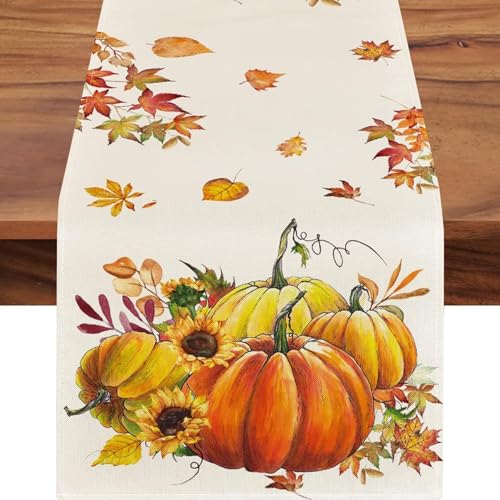 Tischläufer Herbst Dekoration,Thanksgiving Deko Tischdecke Fall Tisch Läufer Herbstliche Herbstdeko Abwaschbar Ahornblatt Gedruckt Lang Autumn Deckchen Decor für Erntedankfest Tischdeko(33*183cm) von BIBITI