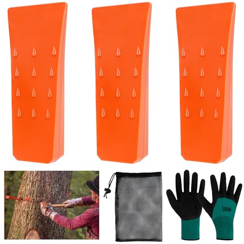 Fällkeil Kunststoff 3 Stück Baumkeile Fällheber Forstkeil mit Handschuhe und Aufbewahrungstasche, Holzspaltbaum Schneidekeil für kontrollierten Fällen von Bäumen von BIBLIA