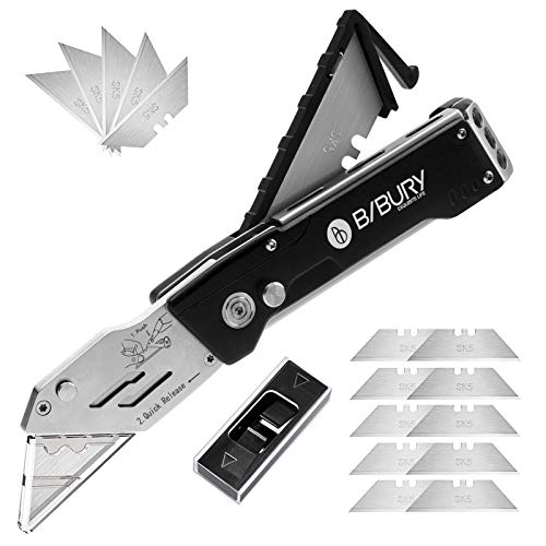 BIBURY Cuttermesser, Portabel Teppichmesser, Faltbares Universalmesser mit 15 Extra SK5 Edelstahlklingen und Klingenaufbewahrung, Universal-Klappmesser Metall für Teppich, Karton und Tapeten von BIBURY