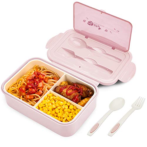 BIBURY Lunch Box, Bento Box, Brotdose mit 3 Fächern und Besteck, Auslaufsicher Brotzeitbox Kühlschrank Spülmaschinenfest Mikrowellengeeignet, Brotdosen für Schule Arbeit Picknick Reisen(Pink) von BIBURY