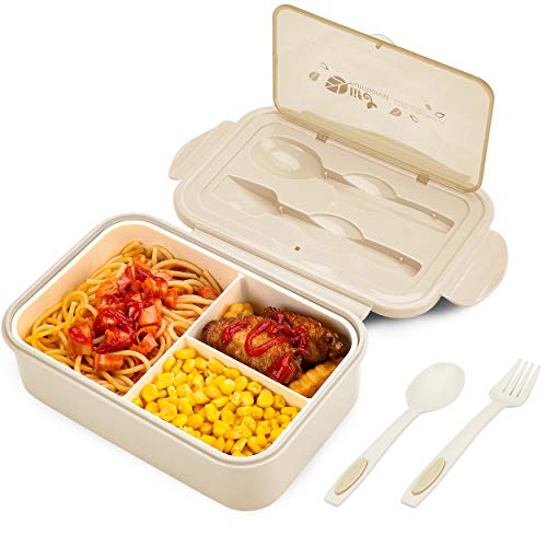 BIBURY Lunch Box, Bento Box, Brotdose mit 3 Fächern und Besteck, Auslaufsicher Brotzeitbox Kühlschrank Spülmaschinenfest Mikrowellengeeignet, Brotdosen für Schule Arbeit Picknick Reisen (Braun) von BIBURY