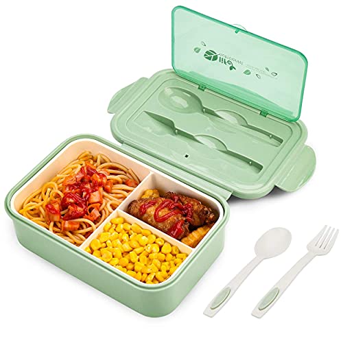 BIBURY Lunch Box, Bento Box, Brotdose mit 3 Fächern und Besteck, Auslaufsicher Brotzeitbox Kühlschrank Spülmaschinenfest Mikrowellengeeignet, Brotdosen für Schule Arbeit Picknick Reisen(Grün) von BIBURY