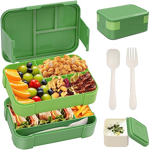 BIBURY Lunchbox, 1550ml Auslaufsichere Stapelbare Bento Box für Kinder & Erwachsene, Lebensmittelbehälter mit 6 Fächern, Besteck & Saucentopf-Set, BPA-frei Brotdose, Mikrowellen & Spülmaschinenfeste von BIBURY