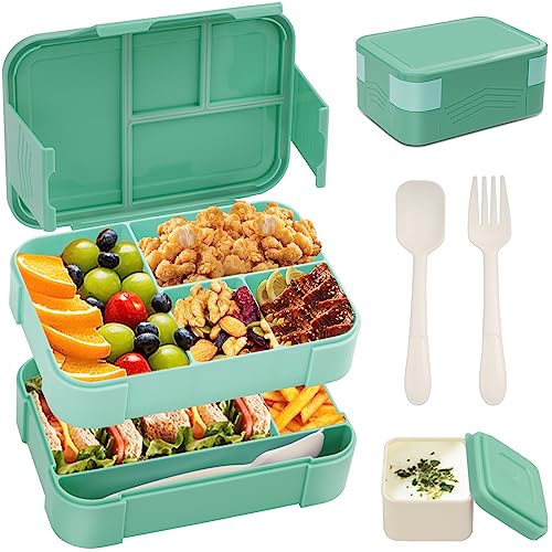 BIBURY Lunchbox, 1550ml Auslaufsichere Stapelbare Bento Box für Kinder & Erwachsene, Lebensmittelbehälter mit 6 Fächern, Besteck & Saucentopf-Set, BPA-frei Brotdose, Mikrowellen & Spülmaschinenfeste von BIBURY