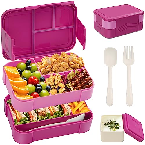 BIBURY Lunchbox, 1550ml Auslaufsichere Stapelbare Bento Box für Kinder & Erwachsene, Lebensmittelbehälter mit 6 Fächern, Besteck & Saucentopf-Set, BPA-frei Brotdose, Mikrowellen & Spülmaschinenfeste von BIBURY