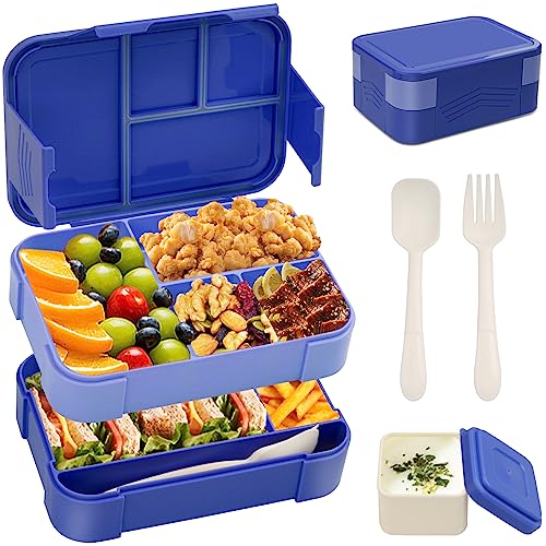 BIBURY Lunchbox, 1550ml Auslaufsichere Stapelbare Bento Box für Kinder & Erwachsene, Lebensmittelbehälter mit 6 Fächern, Besteck & Saucentopf-Set, BPA-frei Brotdose, Mikrowellen & Spülmaschinenfeste von BIBURY