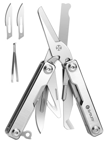 Mini Scissors Tools, BIBURY 8 in 1 Rettungsschere EDC Multitools Mit Schlüsselring Glasbrecher Unsichtbare Pinzette, Edelstahl Outdoor Survival Multi Tool mit Federschere Geschenke für Frauen Männer von BIBURY