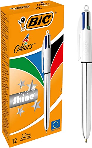 BIC 4 Farben Kugelschreiber Set 4 Colours Shine, in Silber, 12er Pack, Ideal für das Büro, das Home Office oder die Schule von BIC