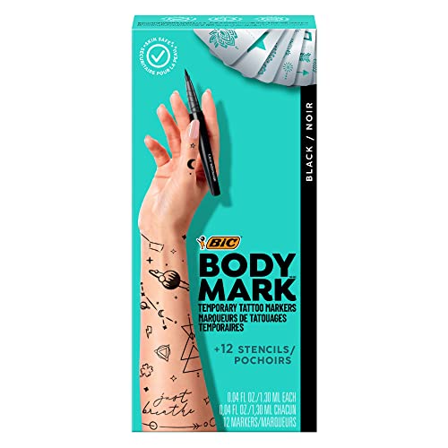 BIC BodyMark Temporary Tattoo Art Markers with Stencils, 6 Fine Black Markers, 6 Brush Tip Black Markers von bic