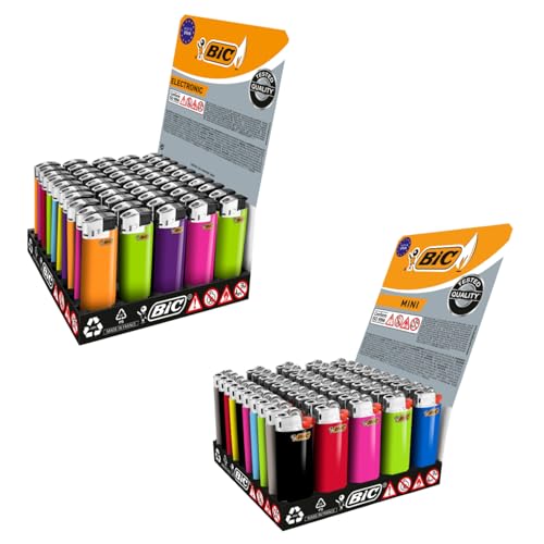 BIC Feuerzeuge Set – 50x Mini + 50x Electronic – 100er Großpackung für unterwegs, Haushalt & Gastronomie, nachfüllfrei, zuverlässige Flamme von BIC