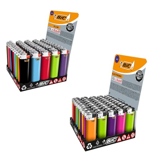 BIC Feuerzeuge Set – 50x Slim + 50x Electronic – 100er Vorteilspack mit schmalem Design, ideal für Unterwegs, Haushalt & Eventbedarf von BIC