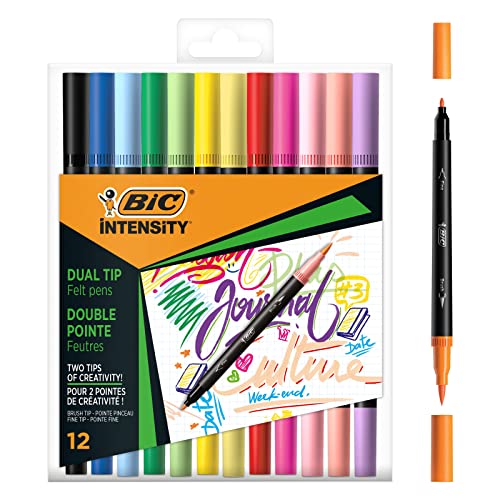 BIC Intensity Dual Tip Klassische Farbstifte mit feiner Spitze (0,7 mm) und flexibler Pinselspitze, in 12 leuchtenden Farben, 12 Stück von BIC