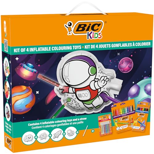 BIC Kids Set mit bemalbaren aufblasbaren Spielzeugen mit Weltallmotiv – 12 Evolution Buntstifte, 12 Kid Couleur Filzstifte, 6 Glitter Glue 4 aufblasbare Spielzeuge zum Bemalen, Set à 34 von BIC