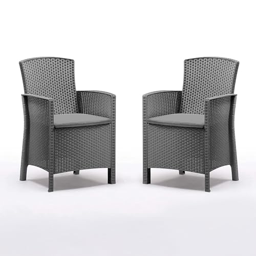 Gartenstühle 2er Set wetterfest - Outdoor Sessel in Rattan Optik - 2 Stühle aus Polypropylen - Gartenstühle mit Rücken - 2X Gartensessel mit Sitzkissen - für Garten, Terrasse & Balkon - Anthrazit Gartenstühle 2er Set wetterfest - Outdoor Sessel in Rattan Optik - 2 Stühle aus Polypropylen - Gartenstühle mit Rücken - 2X Gartensessel mit Sitzkissen - für Garten, Terrasse & Balkon - Anthrazit von BICA