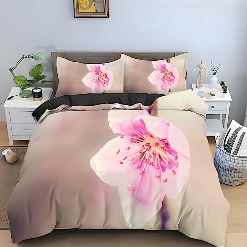 Bettwäsche 155x220 cm Beige PfirsichblüTe Bettbezug 3 Teilig Set Pflanze Muster mit Reißverschluss, Mikrofaser Flauschige Weich Bettwäsche-Sets mit 2 Kissenbezug 80x80 cm von BICI
