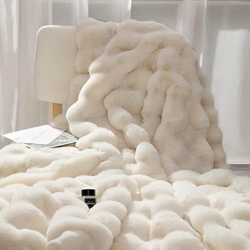 Bubble Decke Faux Kaninchenfell Decke Kuscheldecke Flauschig Flauschige Decke Doppelgesicht Dicke Decke Fell FüR Bett Sofa Kuscheldecke Casual Decke (Beige,70 * 100cm) von BICI