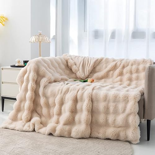 Bubble Decke Faux Kaninchenfell Decke Kuscheldecke Flauschig Flauschige Decke Doppelgesicht Dicke Decke Fell FüR Bett Sofa Kuscheldecke Casual Decke (Beige Mandel,70 * 100cm) von BICI