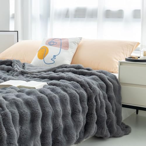 Bubble Decke Faux Kaninchenfell Decke Kuscheldecke Flauschig Flauschige Decke Doppelgesicht Dicke Decke Fell FüR Bett Sofa Kuscheldecke Casual Decke (dunkelgrau,100 * 160cn) von BICI