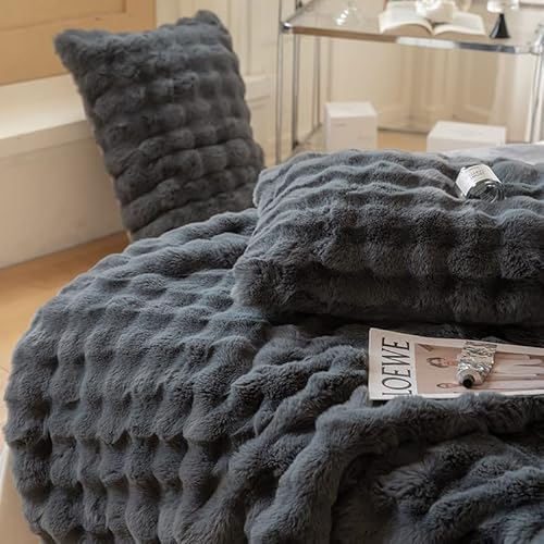 Bubble Decke Faux Kaninchenfell Decke Kuscheldecke Flauschig Flauschige Decke Doppelgesicht Dicke Decke Fell FüR Bett Sofa Kuscheldecke Casual Decke (grau,200 * 230cm) von BICI