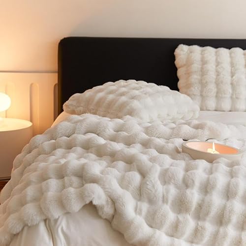 Kunstfelldecke Bubble Decke Faux Kaninchenfell Decke Kuscheldecke Flauschig Flauschige Decke Doppelgesicht Dicke Decke Fell FüR Bett Sofa Kuscheldecke Casual Decke (Weiß,180 * 200cm) von BICI