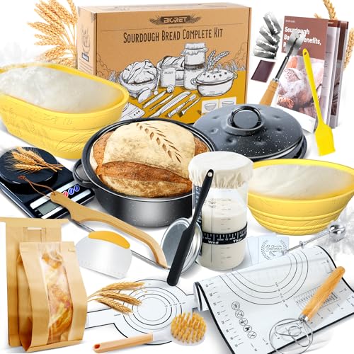Sauerteig Brot Bakset mit hochwertigem Emaillepott und Gärkorb Brot Natur Roggenbrot Gärkor b Set Gärkorb Rund, Handgebacken Brotbackset, geeignet für Hobbybäcker und Sauerteig Brot Liebhaber (Gelb) von BICRET