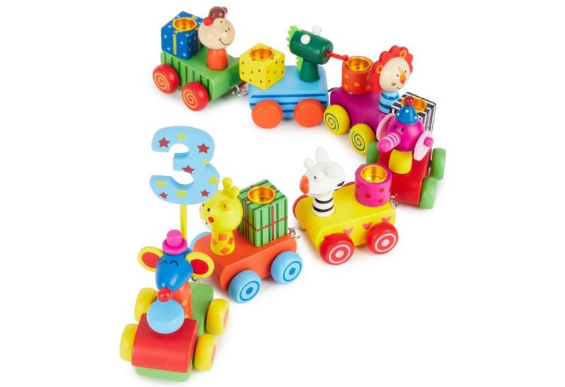 BIECO Kerzenhalter Bieco Holz Geburtstagszug Safari Look 0-9 Jahre Holz Zahlenzug 27 tlg von BIECO