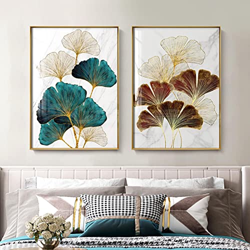 Abstraktes Gold und Grün Ginkgo Biloba Wandkunst Leinwand Gemälde Blatt Poster und Drucke Wohnzimmer Wohnkultur Bild 20 x 30 cm x 2 Rahmenlos von BIEMBI
