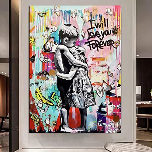 BIEMBI Banksy-Wandkunst „I Will Love You Forever“, gerahmtes Kunstwerk, Graffiti-Leinwandgemälde, Street-Pop-Art-Drucke für Heimdekoration, 70 x 100 cm Rahmen von BIEMBI