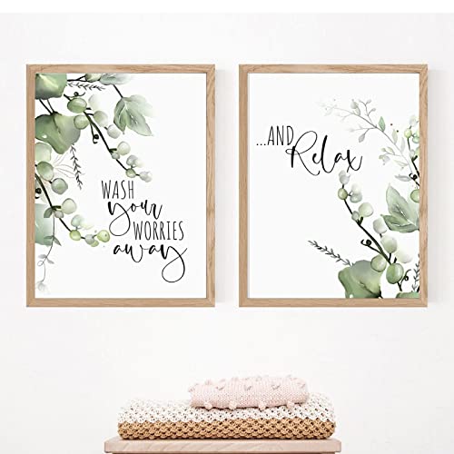 BIEMBI Botanical Tropical Leaves Wash Your Worries Away And Relax Quote Wall Art Picture Bathroom Poster HD Print Canvas Painting 20x30cmx2 Frameless von BIEMBI