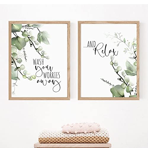 BIEMBI Botanical Tropical Leaves Wash Your Worries Away And Relax Quote Wall Art Picture Bathroom Poster HD Print Canvas Painting 30x50cmx2 Frameless von BIEMBI
