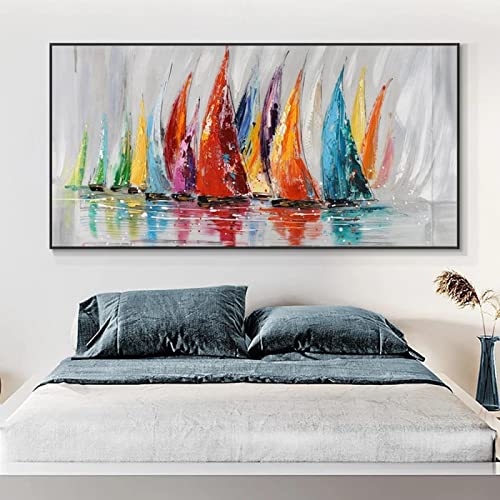 BIEMBI Großes Kunstwerk Wandbild Abstraktes buntes Segelboot Gemälde auf Leinwand Poster und Drucke Wandkunst für Wohnzimmer Bürodekor 50 x 100 cm rahmenlos von BIEMBI