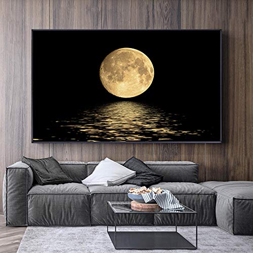 BIEMBI Schwarz-weißer Mond, Leinwandgemälde, abstrakte Landschaftskunst, Giclée-Drucke und Poster, moderne Wandkunst, Bild, Wohnzimmerdekoration, 50 x 70 cm, Rahmen von BIEMBI