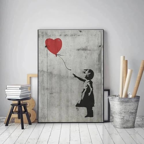 Banksy Graffiti-Kunstwerk, Leinwandgemälde, Wandkunst, Bilder, Mädchen mit rotem Ballon, Poster, Drucke mit schwarzem Rahmen, Heimdekoration, 50 x 70 cm von BIEMBI