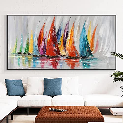 Großes Kunstwerk Abstraktes Buntes Segelboot Poster Gemälde auf Leinwand Gemälde HD-Druck Wandkunst für Wohnzimmer Bürodekor 60 x 120 cm Rahmenlos von BIEMBI