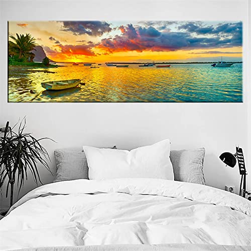 Panorama Poster und Drucke Landschaft Fischerboot Sonnenuntergang Leinwand Malerei Wandkunst Bilder Druck Wohnzimmer Wohnkultur 55x165cm Rahmenlos von BIEMBI