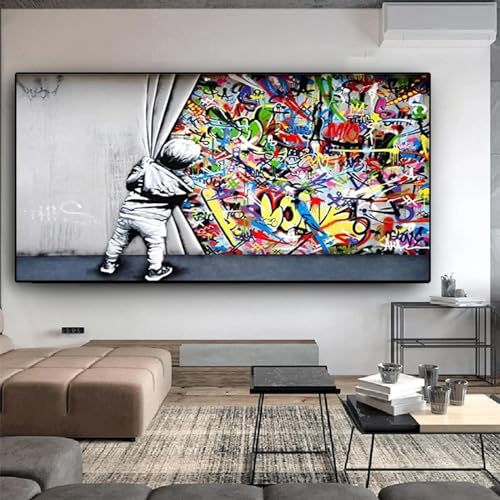 Street Art Banksy Graffiti-Wandkunst hinter dem Vorhang, Leinwandgemälde, rahmenlose Leinwandbilder für Wohnzimmer, Heimdekoration, 70 x 140 cm, rahmenlos von BIEMBI