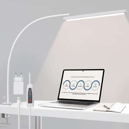 BIENSER Schreibtischlampe LED Klemmbar, 14W Schwanenhals Klemmleuchte, 1100LM Architektenlampe Arbeitsleuchte 5 Farben X 10 Helligkeitsstufen Dimmbar, Augenschutz Klemmlampe, Büro Tischlampe, Weiß von BIENSER