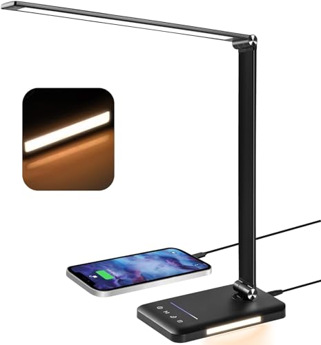 BIENSER Schreibtischlampe LED, 560LM Bürolampe Tischlampe mit 5 Farben & 10 Helligkeitsstufen Dimmbar, Schreibtischleuchte mit Nachtlicht, USB-Anschluss, Memory-Funktion, 30 Min Auto Timer, 6000K, 10W von BIENSER