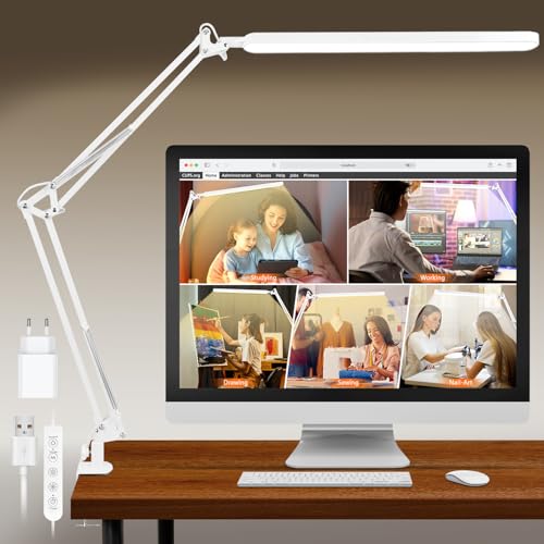 BIENSER Schreibtischlampe LED Klemmbar, Schwenkarm Architektenlampe, 38CM Große Büro Tischlampe mit 5 Farb X 11 Helligkeitsstufen, Augenschutz Klemmlampe, Memory-Funktion, Inklusive 5V/2A Netzstecker von BIENSER