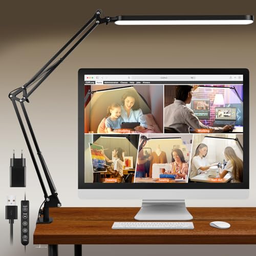 BIENSER Schreibtischlampe LED Klemmbar, Schwenkarm Architektenlampe, 38cm Große Büro Tischlampe mit 5 Farb X 11 Helligkeitsstufen, Augenschutz Klemmlampe, Memory-Funktion, Inklusive 5V/2A Netzstecker von BIENSER