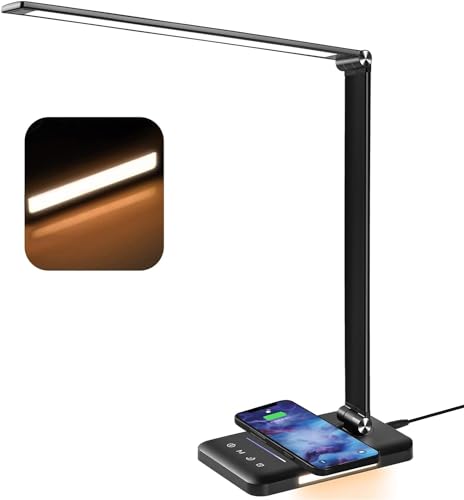 BIENSER Schreibtischlampe LED mit 10W Wireless Charging, USB Ladefunktion, 600LM Bürolampe Tischlampe mit 10 Helligkeits X 5 Farbstufen Dimmbar, Nachtlicht, Memory-Funktion, Auto Timer, 6000K, 24W von BIENSER