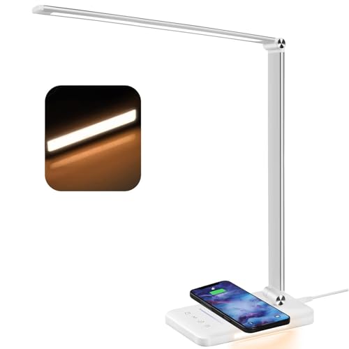 BIENSER Schreibtischlampe LED mit 10W Wireless Charging, USB Ladefunktion, 600LM Bürolampe Tischlampe mit 10 Helligkeits X 5 Farbstufen Dimmbar, Nachtlicht, Memory-Funktion, Auto Timer, 6000K, 24W von BIENSER