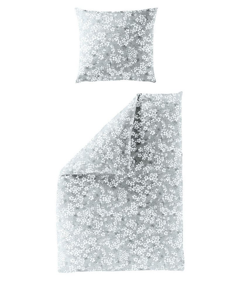 BIERBAUM Bettwäsche 135x200cm Blüten Blumen Grau Offwhite, Renforcé, 2 teilig, frisches und dezentes Blattdesign, Reißverschluss von BIERBAUM