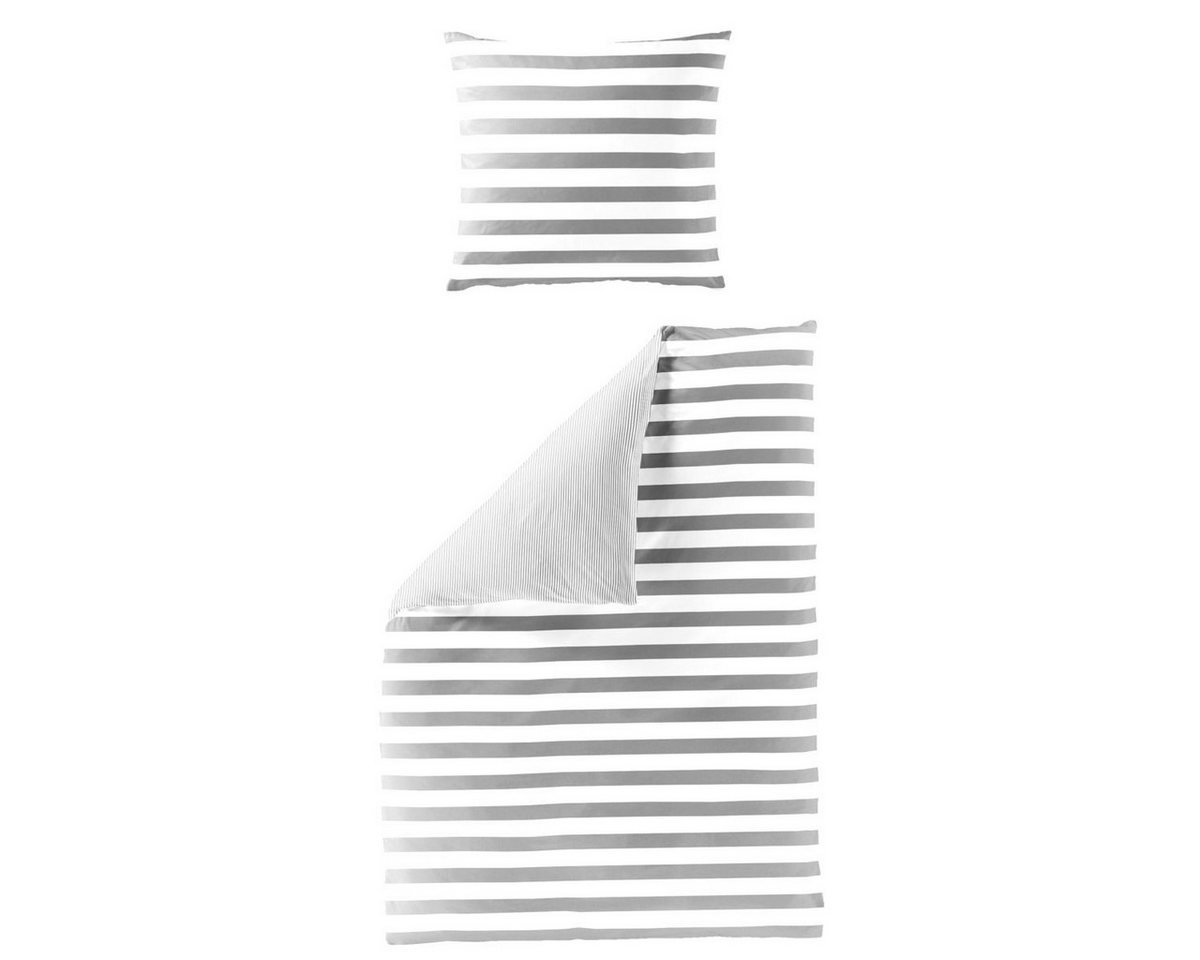 BIERBAUM Bettwäsche Satin in 200x220 + 2x 80x80 cm 3121-02 grau ecru Blockstreifen, Mako Satin, 3 teilig, Wendebettwäsche aus 100% Baumwolle von BIERBAUM