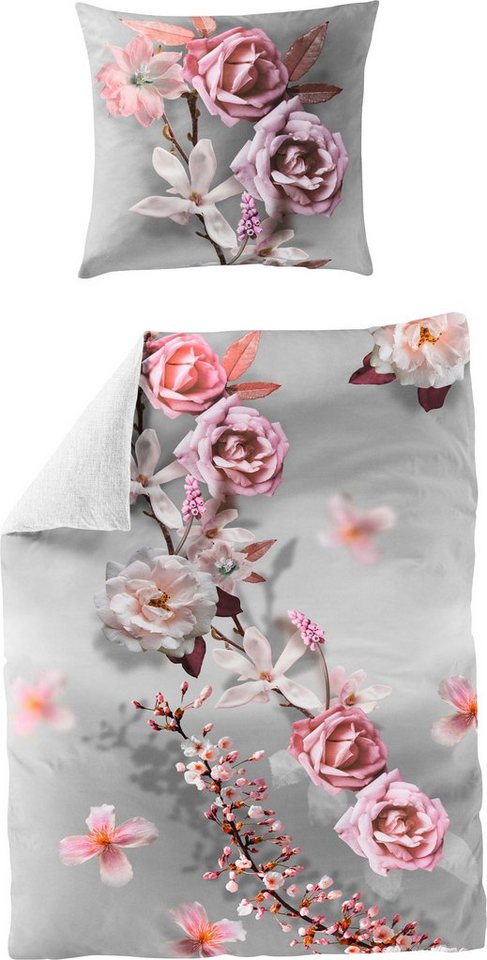 Wendebettwäsche Pink Rose, BIERBAUM, Mako-Satin, 2 teilig, mit floralem Print von BIERBAUM