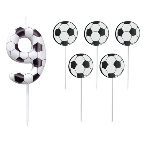 BIFHIG 1 Stück 9 Jahre Alte Kerze, 5 Stück Fußballkuchen-Plug-Ins, Fußballsport-Themendekoration, Fußballkuchen-Dekoration, Geeignet Für Fußballspielfeier, Geburtstagsfeier. von BIFHIG