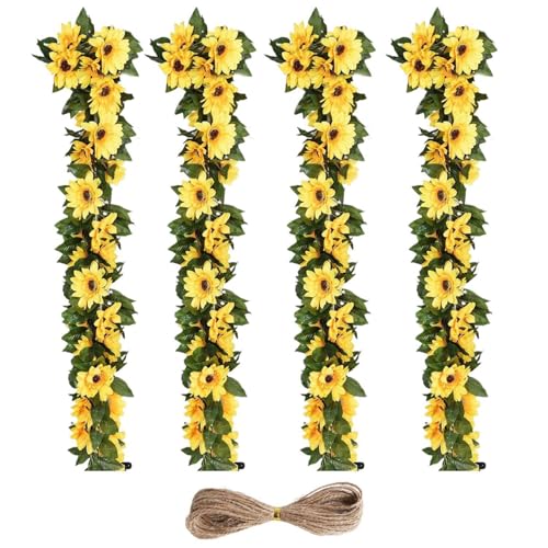 BIFHIG 4 Stück Sonnenblumen-Kunstblumendekoration, 1 Stück Hanfseil, Innenwandbehanggirlande, Geeignet Für Hochzeiten, Geburtstagsfeiern, Gartenzäune. von BIFHIG