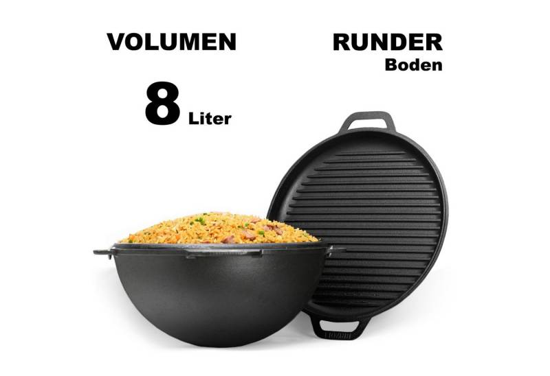 BIG-PAN Wok 8L Schwenktopf Gusseisen Kasan Deckel-Grillpfanne von BIG-PAN